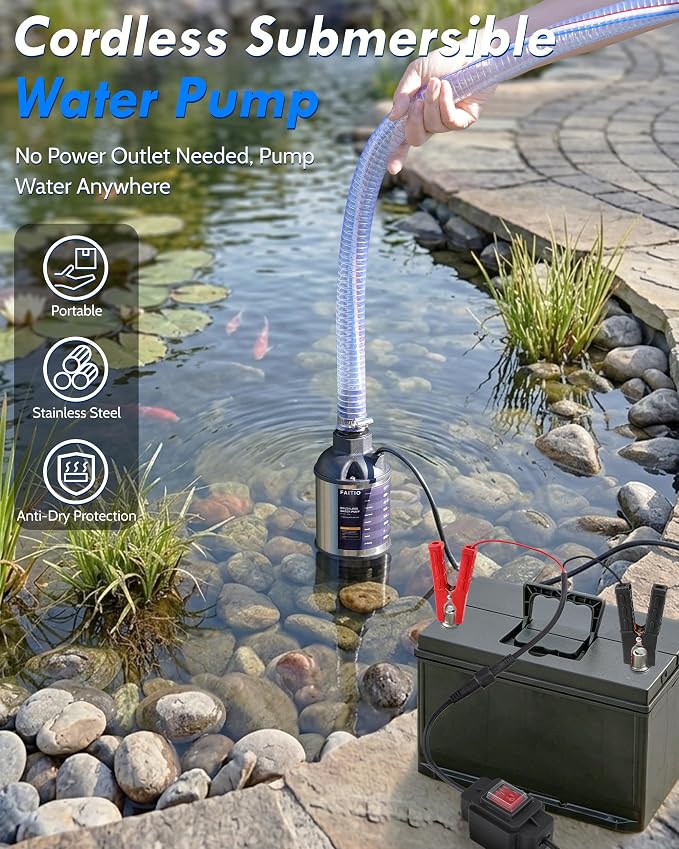 12V DC Submersible Water Transfer Pump w/ 6.6ft Water Hose, Power Button and Battery Clamps, 1100GPH Battery Powered Sump Pump, Portable Submersible Utility Pump for Camping, Rain Barrel