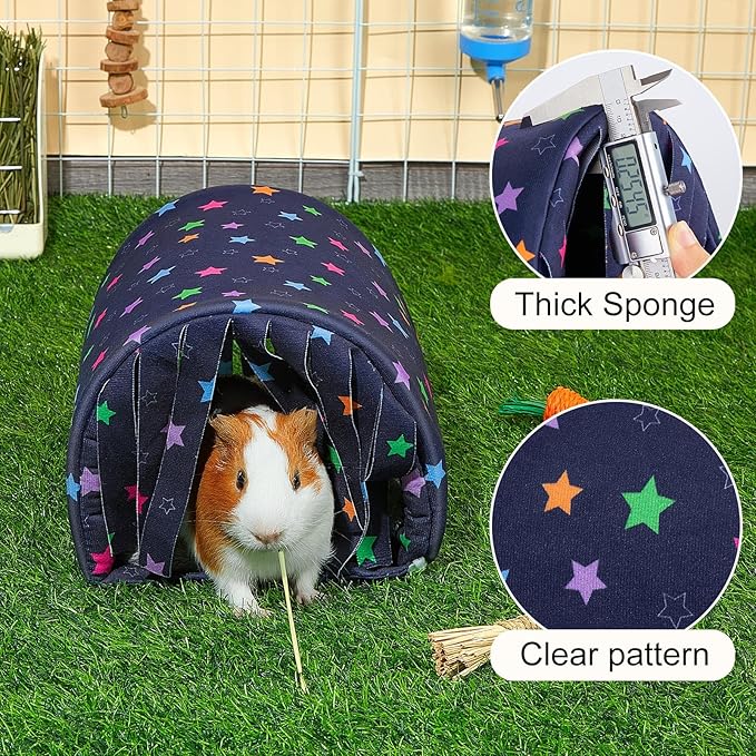 Glittme Guinea Pig Hideout with Curtain and Tunnel - Soft Bed with Cushion - Suitable for Guinea Pig, Hamster, Chinchilla, Bunny - Blue Stars