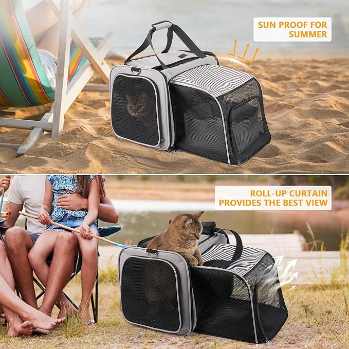 Cat Carrier with Litter Box, Soft Cat Travel Carrier with Food Carrier, Expandable Portable Cat Carrier for Car Travel, up to 20 lbs for Road Trip, Camping, Hiking, Gray