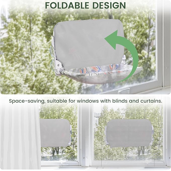 HiPetpy 2 Pack Cat Window Perch, Glow in The Dark Foldable Cat Hammock with Sunken Design & Removable Soft Cover, Breathable Cordless Window Bed for Resting Indoor Kitten (Shallow Perch, 2 Pack - M)
