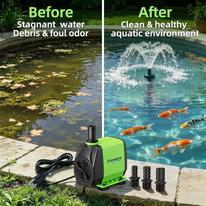 FREESEA 800GPH Small Pond Pump: Circulate 500-1200 Gallon Pond in 1-2 Hours | 24/7 Reliable Operation for Crystal Clear Water & Healthy Koi - 45W Quiet Motor with Adjustable Flow