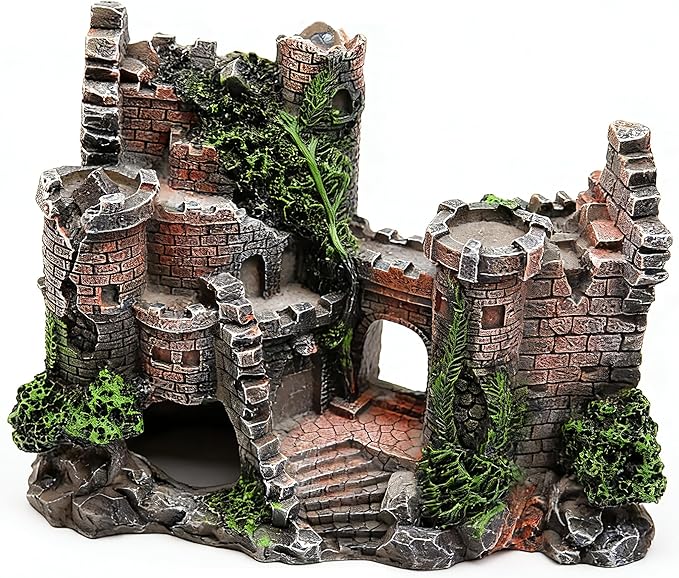 Aquarium Resin Castle Decoration, Air Bubbler Stone Cave Hideout House for Betta Fish, Shrimp & Turtles, Fish Tank Ornament Accessories for Breeding, Playing & Resting ，Decorative Bubbling Castle