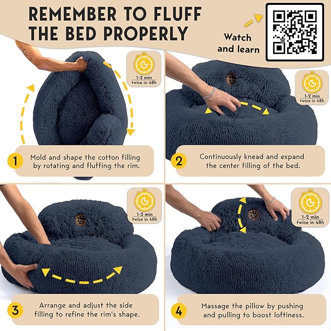 PetJett Dog Beds Large Sized Dog - 36'' Calming Round Bed, Washable Dog Bed - Anti-Slip Super Soft Donut Bed, Fluffy Faux Fur Anti-Anxiety Premium Comfort Pet Bed, Fits Dogs up to 80 lbs - Dark Grey