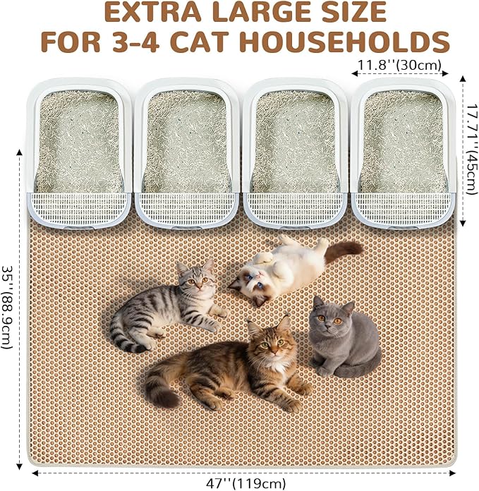 BurgeonNest Cat Litter Mat 47"x35", Machine Washable Leak-Proof & Urine-Resistant Cat Mat, Soft Felt Fabric for Fewer Creases, Non-Slip Double Layer Design for 3-4 Litter Boxes, Khaki