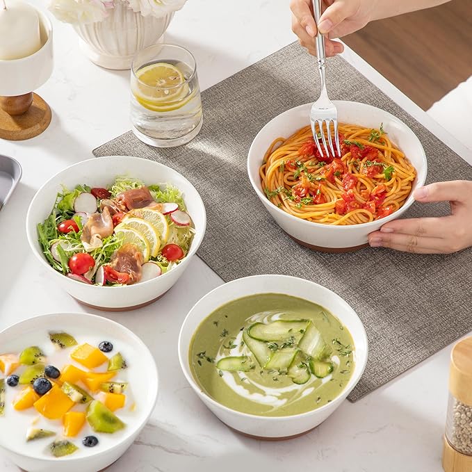 MALACASA Soup Bowls, Ceramic Salad Bowls Set of 4, 36oz Ceramic Bowls for Ramen, Cereal, Fruit and Pho, Microwave & Dishwasher Safe, Speckled Deep Bowls, Vanilla White & Brown