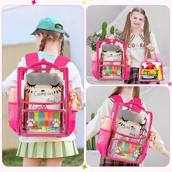 AO ALI VICTORY clear backpack Girls with Tote Bag Heavy Duty PVC Transparent Cute Backpack for Kids Toddler Preschool Bookbags Elementary School Bags See Through Casual Travel Daypack, Rose Red Set