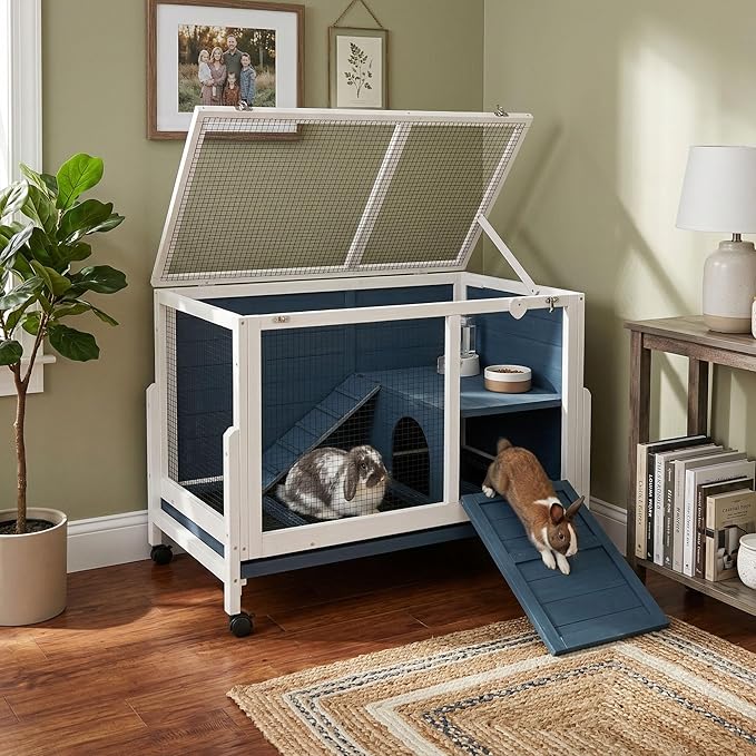 RUNSHED Two Floors Wooden Indoor Bunny Hutch Rabbit Cage on Wheels Guinea Pig PET House for Small to Medium Animals Waterproof No Leak Tray