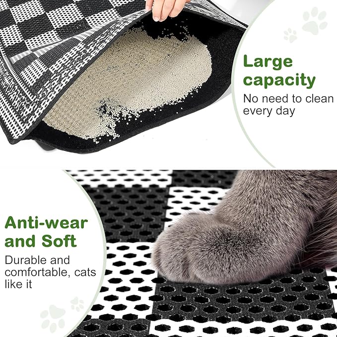 Bienbee Cat Litter Mat, 30"x24" Litter Mat Double Layer Litter Trapping Mat, Reduces Tracking and Keeps Floors Clean,Checkerboard L