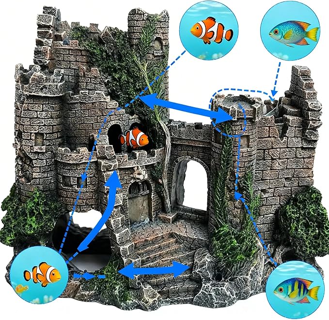 Aquarium Resin Castle Decoration, Air Bubbler Stone Cave Hideout House for Betta Fish, Shrimp & Turtles, Fish Tank Ornament Accessories for Breeding, Playing & Resting ，Decorative Bubbling Castle