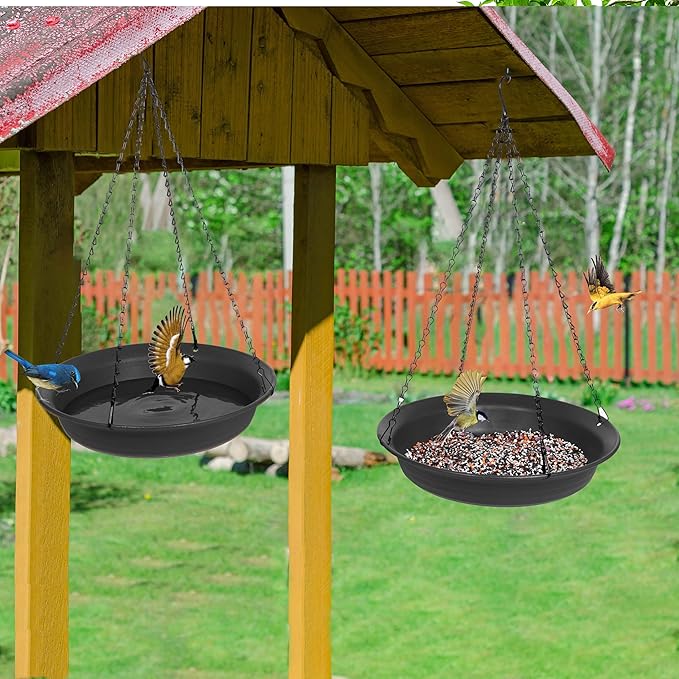 VUWEZ Hanging Bird Bath, Hanging Bird Water Feeder for Outdoors, Feeder Bowl, 1 Pack Birdbath Tray Accessories for Outside, Plastic Birdbaths Tray for Garden Patio Decoration (14", Dark Black)