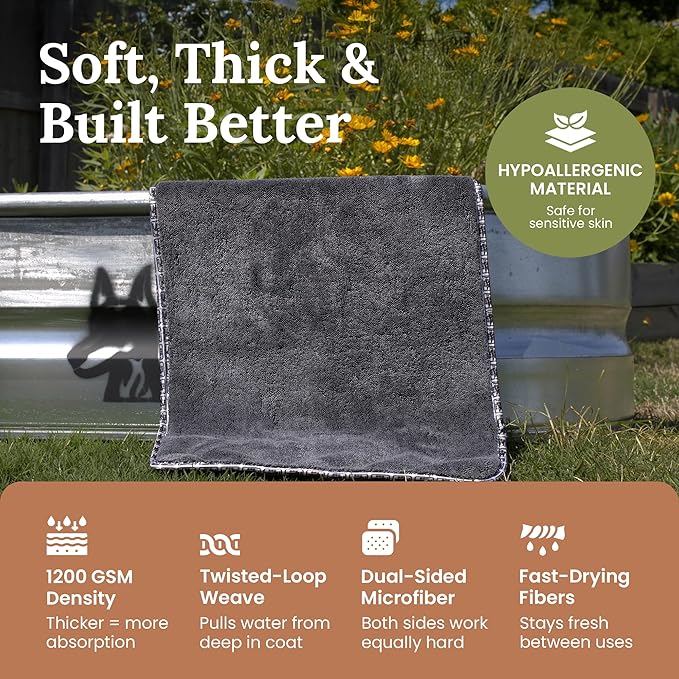 Premium Twisted Loop Drying Towels for Drying Dogs Small 16" x 24" Super Absorbent Microfiber Dog Bath Towel – Quick Dry, Soft – 1200 GSM Gray for Pets, Beach, Camping & Travel