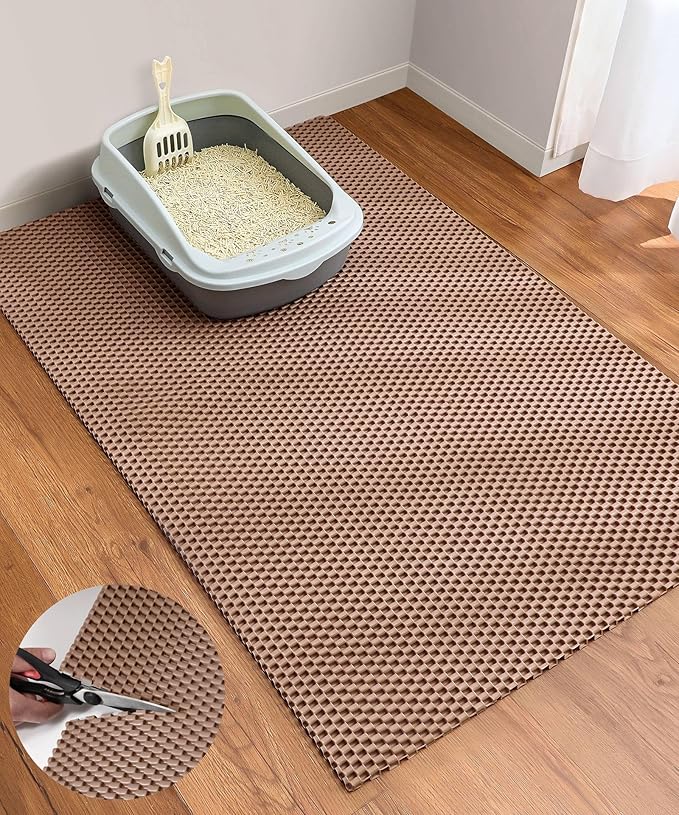Cooyes Cat Litter Mat - Cut to Fit Any Place, 47"x35" Extra Large Litter Trapping Mat for Litter Box, Easy to Clean, Waterproof & Non-Slip Kitty Pad, Scatter Control to Protect the Floor (Khaki)