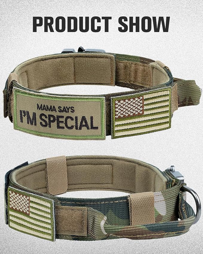Joytale Tactical Dog Collar with Handle and Metal Buckle, Heavy Duty Padded Military Collar with 2 Patches for Training, Adjustable for XLarge Dogs, Camouflage, XL