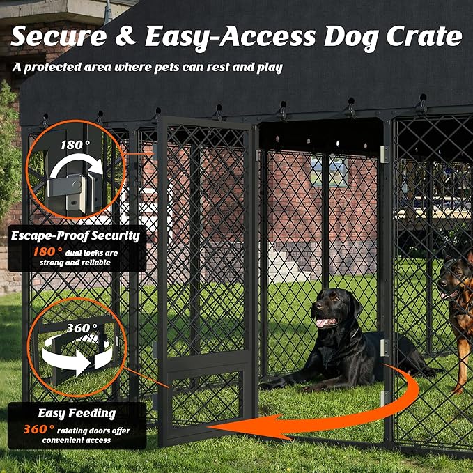 10x10FT Dog Kennel Outdoor with Roof - Heavy Duty Metal Fence Playpen for Large Dogs, Weatherproof Enclosure with Double Lock Gate & Feeding Swivel Door