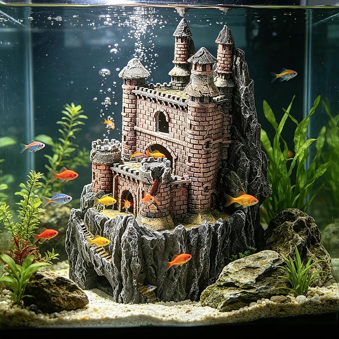 Teaeeno Age-of-Magic Wizard’s Castle Aquarium Décor-Resin for Freshwater and Saltwater Fish Tanks-Large House Ornament Kit -Gnome Fish Tank Decor Aquarium Decor-Charming Mermaid Decor Statue (Yellow)