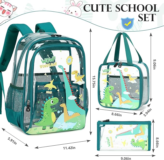 AO ALI VICTORY Clear Backpack for Boys Girls,15.6 Inch Kids Clear Backpack Set with Lunch Bag Pencil Case PVC Elementary Bookbag School Student See Through Transparent Travel Back Pack,Green Dinosaur