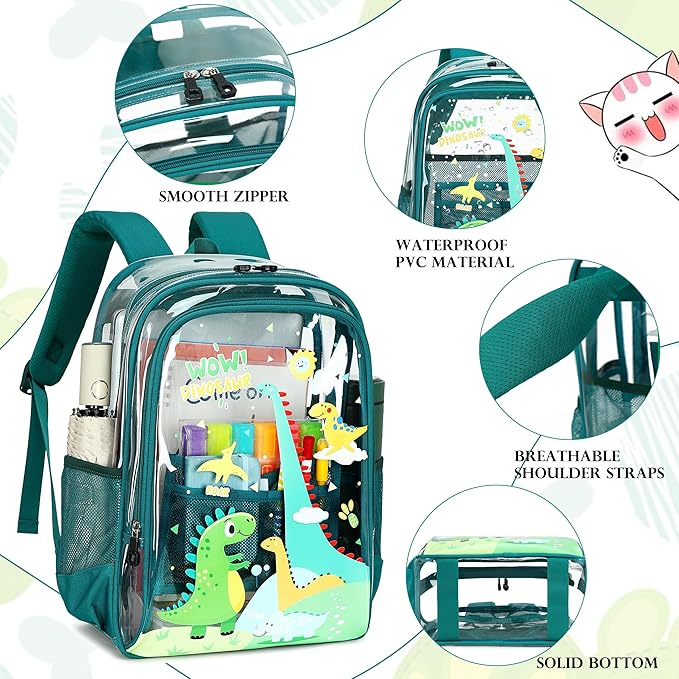 AO ALI VICTORY Clear Backpack for Boys Girls,15.6 Inch Kids Clear Backpack Set with Lunch Bag Pencil Case PVC Elementary Bookbag School Student See Through Transparent Travel Back Pack,Green Dinosaur