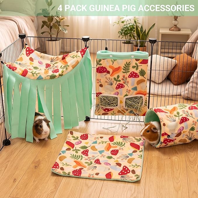 Guinea Pig Hideout, 4 Pack Fleece Cute Small Animal Tunnel & Hay Feeder Bag & Mat & Corner Hideout Cage Accessories for Guinea Pigs, Rabbit, Bunny, Ferret, Chinchilla, Hedgehogs