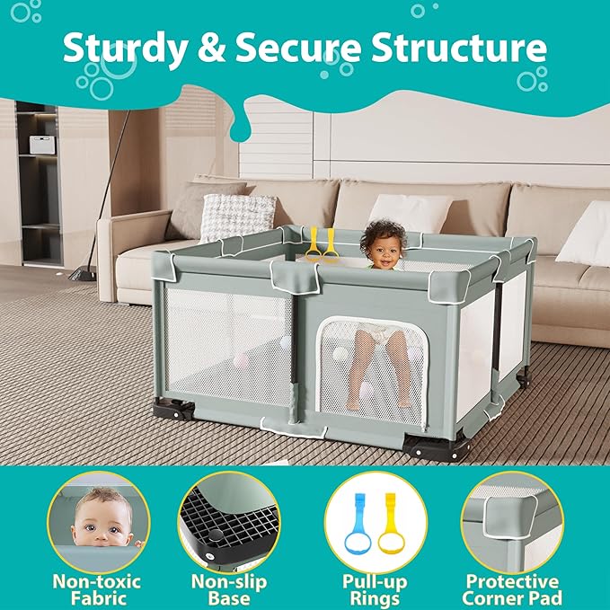 ICAREWAY Foldable Playpen for Babies and Toddlers, 50x50 Inches Portable Playpen, Kids Collapsible Play Pen with 2 Handlers, Indoor & Outdoor Baby Fence Play Area with Visible Mesh, Light Green