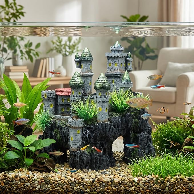 Aquarium Castle Decoration, Majestic Resin Fish Hideaway Ornament for Fish Tank Gray Large 7.09 x 3.94 x 7.48 in 1 Piece
