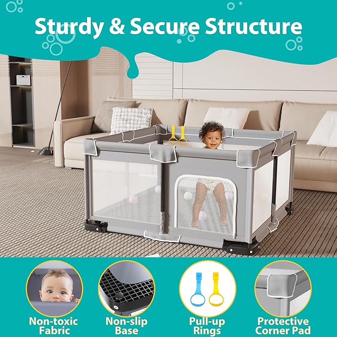 ICAREWAY Foldable Playpen for Babies and Toddlers, 50x50 Inches Portable Playpen, Kids Collapsible Play Pen with 2 Handlers, Indoor & Outdoor Baby Fence Play Area with Visible Mesh, Light Gray