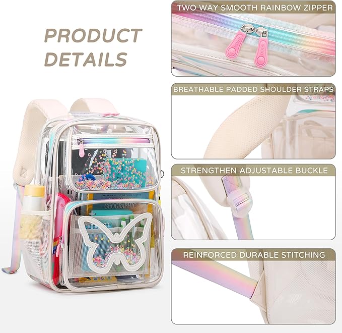 Clear Backpack for School,Large Bookbag Heavy Duty See Through Butterfly Backpacks for Girls Stadium Approved Daypack Transparent Shoulder Bags for Students,Teens,Women,Work,Travel,Concert Off White