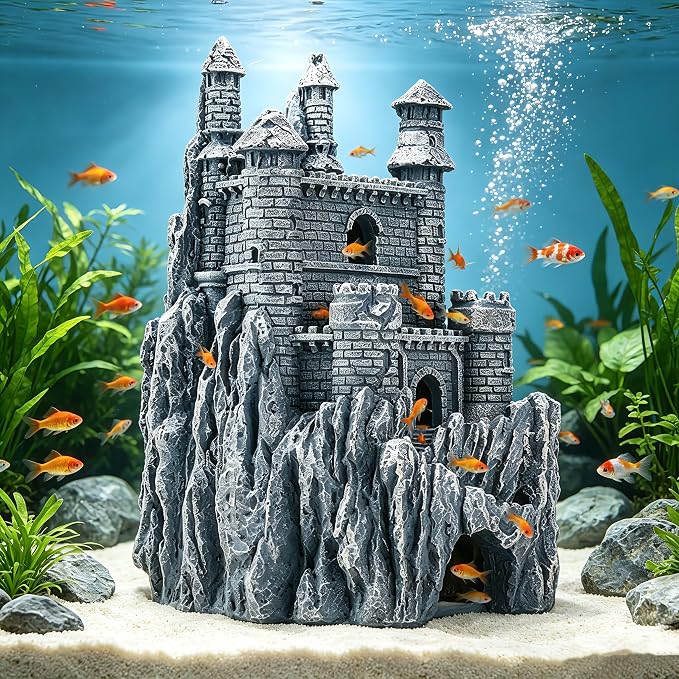 Teaeeno Age-of-Magic Wizard’s Castle Aquarium Décor-Resin for Freshwater and Saltwater Fish Tanks-Large House Ornament Kit -Cute Fish Tank Decor Aquarium Decor-Charming Castle Decor Statue(Stone)