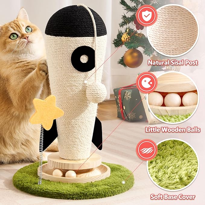 Cat Scratching Post, Rocket Cute Sisal Cat Scratcher with Durable Solid Wood Turntable Toy, Cat Scratch Post Red Cat Scratcher with Spinning Star Toy for Indoor Adult Cats