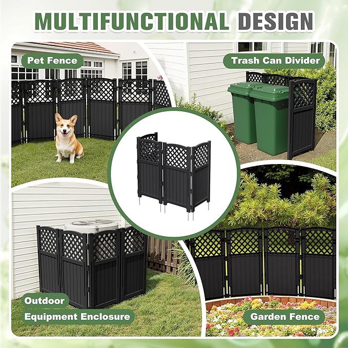Greesum Air Conditioner Privacy Fence Screen, 4 Panels Trash Can Enclosure, 49.45" H x 22.62" W, Weather Resistant for Outdoor Pool Equipment, Garbage Bins, Black