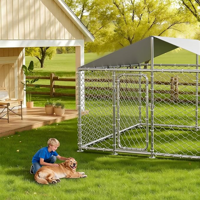 7.8'x7.8' Outdoor Dog Kennel, Heavy-Duty Dog Run with Wire Mesh Fence, Lock & Waterproof Cover for Large Dogs