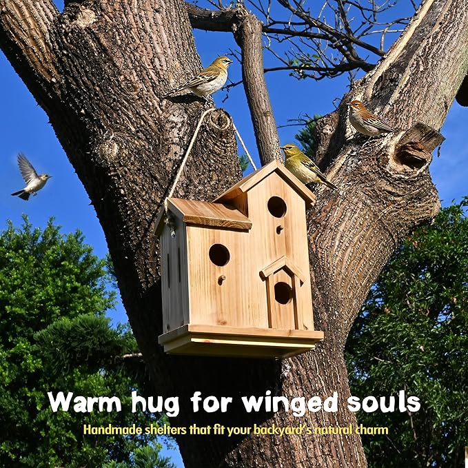3-Chamber Wooden Bird House with Rope, Outdoor Bird Nesting Box with 3 Entry Holes, Multi-Level Shelter for Small Birds (Wood, 3 Chamber)