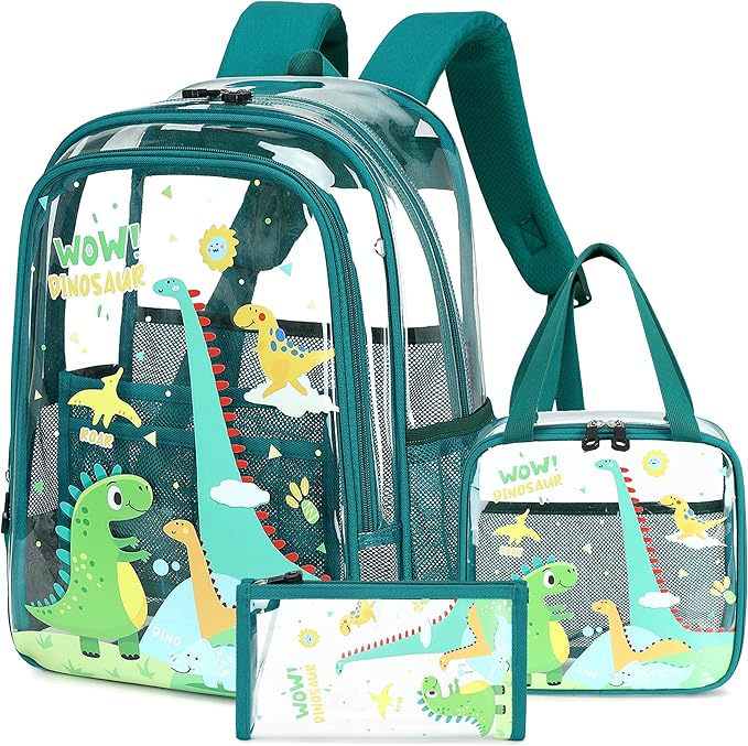 AO ALI VICTORY Clear Backpack for Boys Girls,15.6 Inch Kids Clear Backpack Set with Lunch Bag Pencil Case PVC Elementary Bookbag School Student See Through Transparent Travel Back Pack,Green Dinosaur