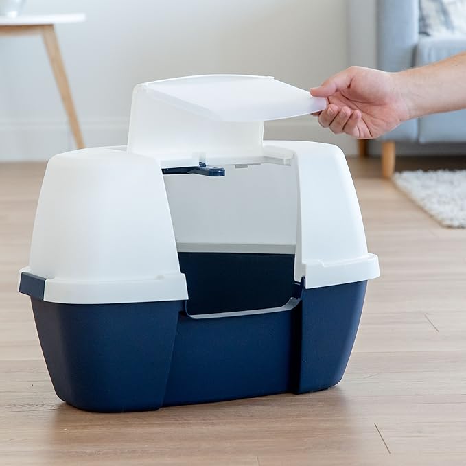 IRIS USA Cat Litter Box - Enclosed Corner Litter Box with Scoop, Hooded Litter Tray for Corners, Space-Saving Covered Litter Box, Odor Defensive, Navy/White