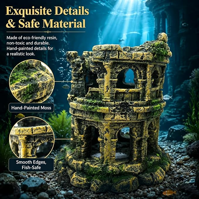 Antique Roman Column Ruins European Castle Aquarium Hideout & Fish Tank Decor: Roman Ruins & Aquarium Decor, Greek Aquarium Decor, Centerpiece, Hand Painted Decor, Cave Rocks (Roman Column Round)