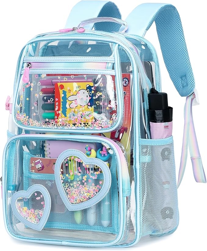 Clear Backpack for Girls,Clear Bookbag Heavy Duty Transparent Backpacks for Stadium Events, See Through Back Pack for Kindergarten Elementary Middle High School (Blue)