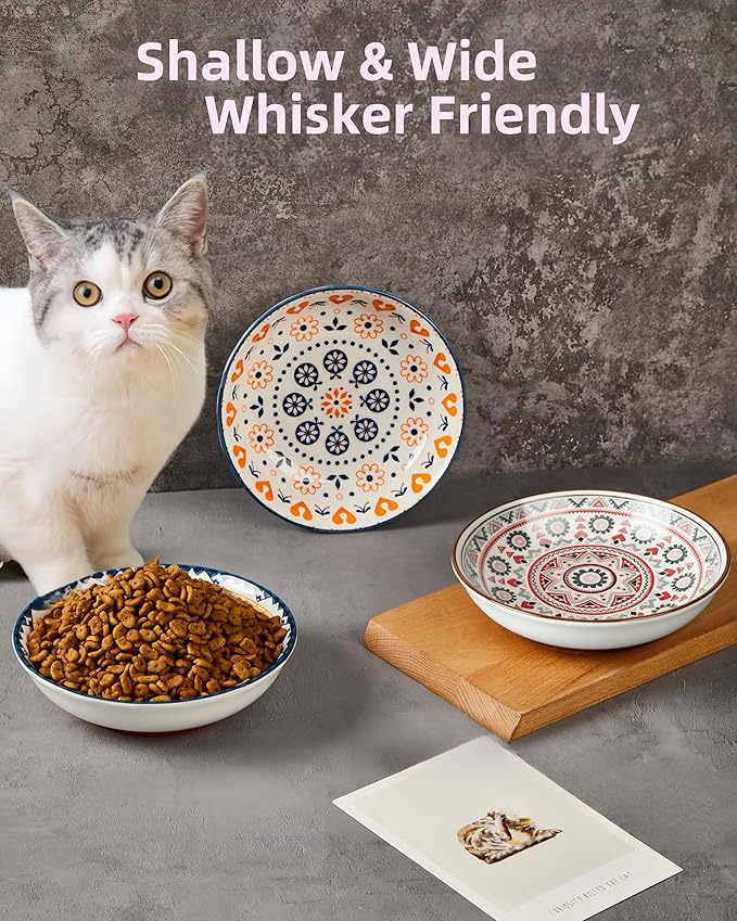 Whisker Fatigue Cat Bowls, Non-Slip Ceramic Cat Food Bowl, Shallow Wide Cats Dishes Whisker Friendly, 3-Pack, 8oz, Boho Pattern, Dishwasher & Microwave Safe
