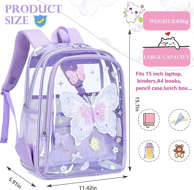 AO ALI VICTORY Clear Backpack for School,PVC Transparent Kids Bookbag for Girls Boys Cute Toddler Back Pack Kindergarten Elementary Schoolbag Stadium Approved See Through Backpacks, Purple Butterfly