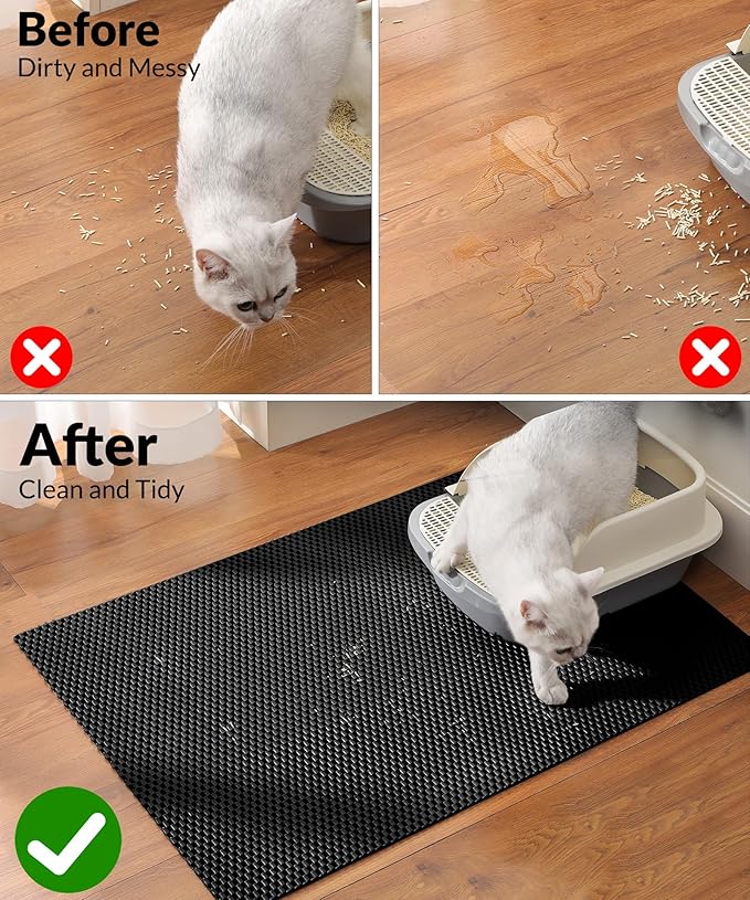 Cooyes Cat Litter Mat - Cut to Fit Any Place, 47"x35" Large Litter Trapping Mat for Litter Box, Easy to Clean, Waterproof & Non-Slip Kitty Pad, Scatter Control to Protect the Floor (Black)