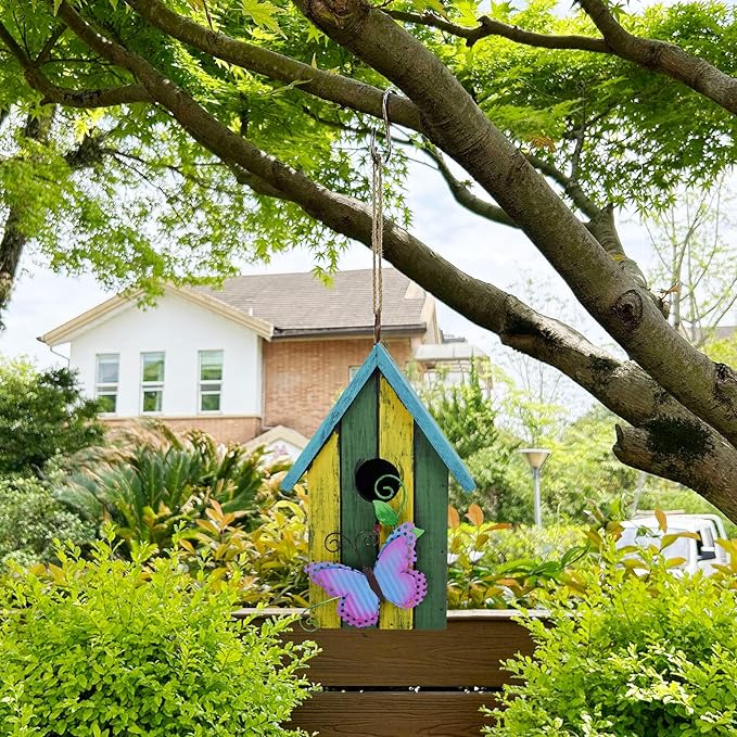 Morning View Bird Houses for Outside Decorative Nest Box Wooden Birdhouse Hanging Spring for Yard Garden Patio Outdoor Small Birds Bluebird Finch Cardinals Wren 9.35 Inch Tall (Green)