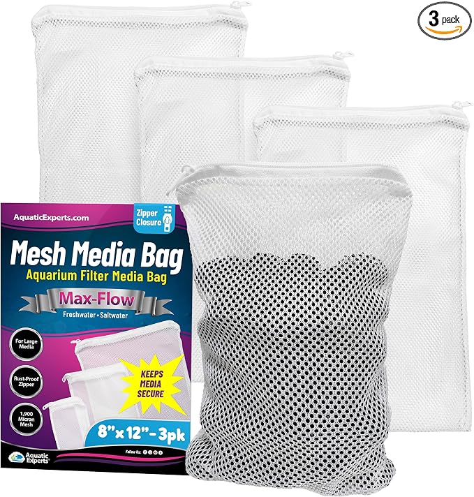 Aquatic Experts Max Flow Filter Media Bag - Durable Filter Bags for Fish Tank, Secure Aquarium Media Bag with Drawstring, Media Bags for Aquarium and Pond, Max Flow (Zipper), 8” x 12” – 3 Pack