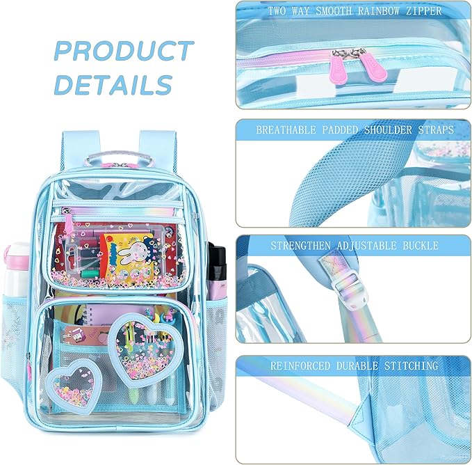 Clear Backpack for Girls,Clear Bookbag Heavy Duty Transparent Backpacks for Stadium Events, See Through Back Pack for Kindergarten Elementary Middle High School (Blue)