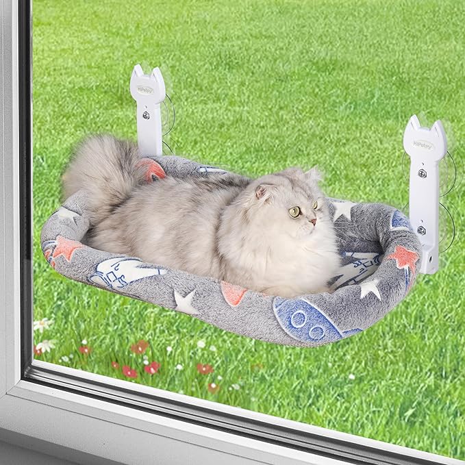 HiPetpy Cat Window Perch, Glow in The Dark Foldable Cat Hammock with Cozy Pad Bed, Breathable Cordless Window Seat with Stud Metal Frame for Large Cats and Kitten (Cushion Bed, 1 Pack - M)