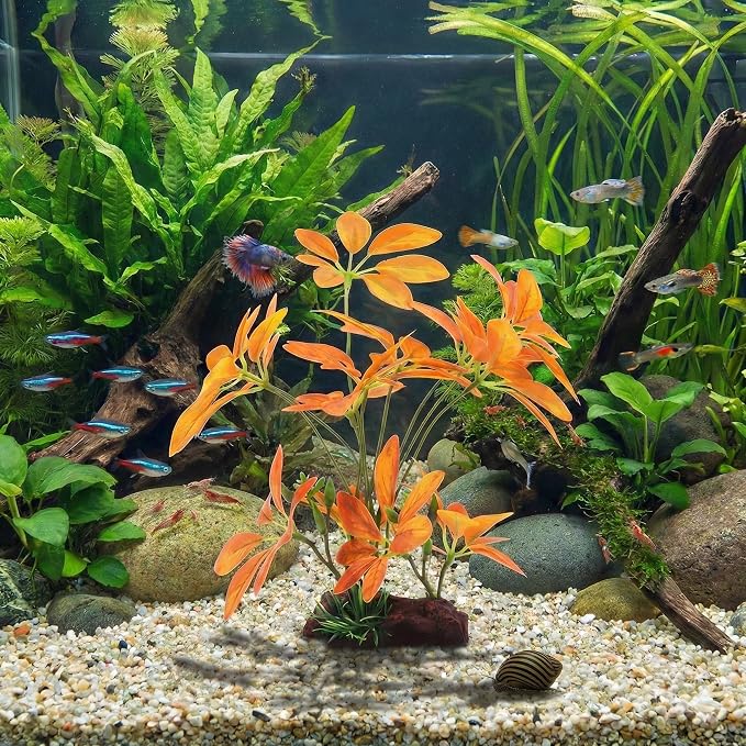 JGbaby Artificial Aquarium Plants,Fish Tank Decorations Betta Leaf Hammock Driftwood 10in Realistic Silk & Plastic Plants, Hideout Decor for Betta. Goldfish,Reptiles,Small Tanks (YellowType-B)