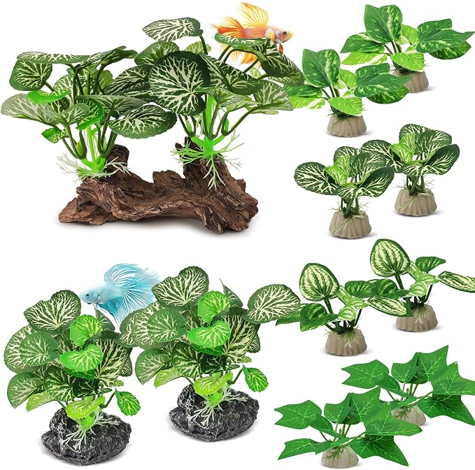 GOZILLA Silk Fish Tank Plants,Reptile Artificial Plant,Reptile Plants for Terrarium,Aquarium Decorations Accessories Set,Resin Driftwood Artificial Silk Aquarium Plant for Fish Tank.(11PCS/D-Set)