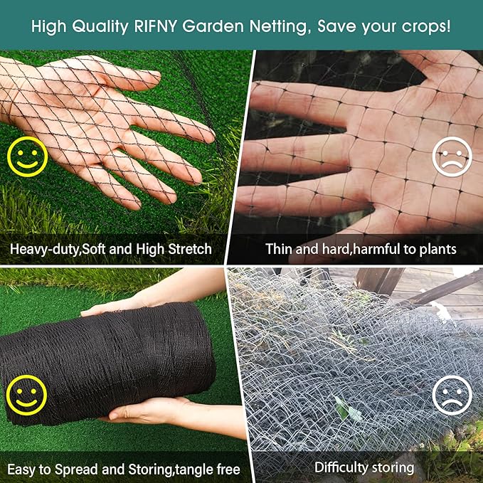 Bird Netting for Garden - 6.5 x 32.8 FT Heavy Duty Anti Bird Netting Mesh with Ties and Landscape Staples for Vegetable, Fruit Trees & Other Plants, Lasting Against Birds Deer Squirrels and Poultry