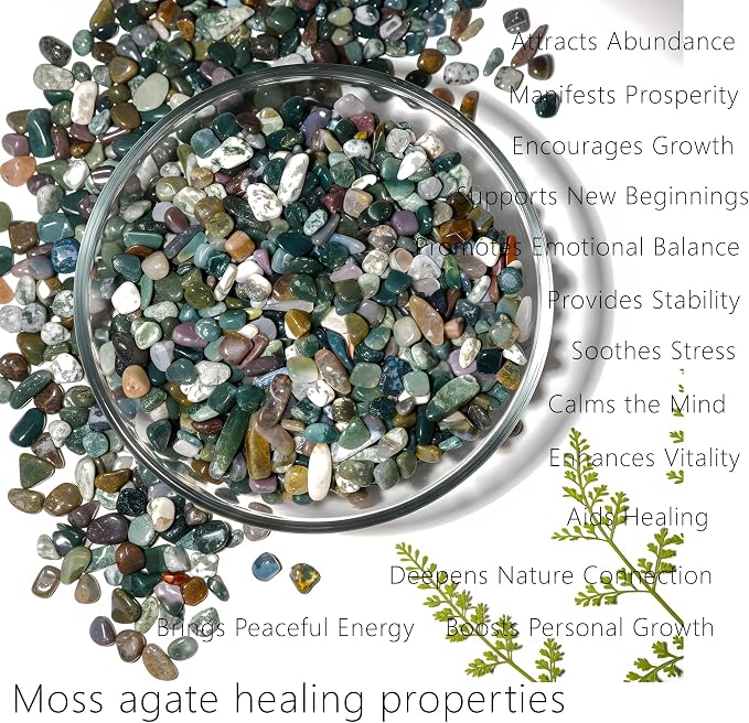 Moss Agate Crystal Chips 1lb (1000+ pcs)-5-8mm Natural Dendritic Stones for Aquarium Gravel, Terrariums, Plant Growth, Jewelry Making & Abundance Grids,Safe for Fish Tanks & Fairy Gardens