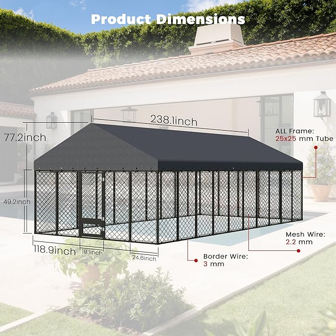 10x20×6.4 FT Heavy Duty Dog Kennel Outdoor with Secure Double Locks and Waterproof & UV Resistant Roof Cover,All Weather Resistant Anti-Rust Metal Enclosure for Large Dogs