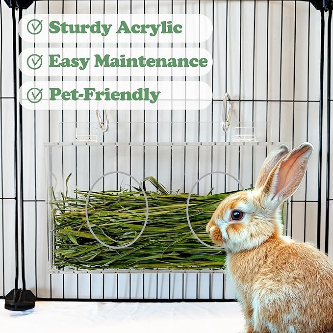 Xymoso Acrylic Rabbit Hay Feeder with Lid,Guinea Pig Hay Rack Holder Chinchilla Cage Accessories for Rabbits Guinea Pigs Bunny
