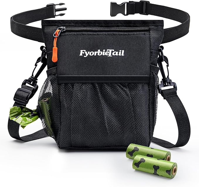 Dog Treat Pouch, 4 Cup Waterproof Dog Training Bag, Hands-Free 3 Ways to Wear, Magnetic Closure, Multi-Pocket, with 2 Rolls Poop Bags (Black)
