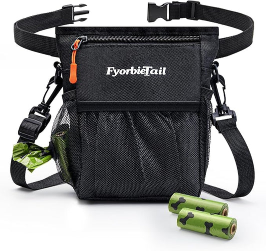 Dog Treat Pouch, 4 Cup Waterproof Dog Training Bag, Hands-Free 3 Ways to Wear, Magnetic Closure, Multi-Pocket, with 2 Rolls Poop Bags (Black)
